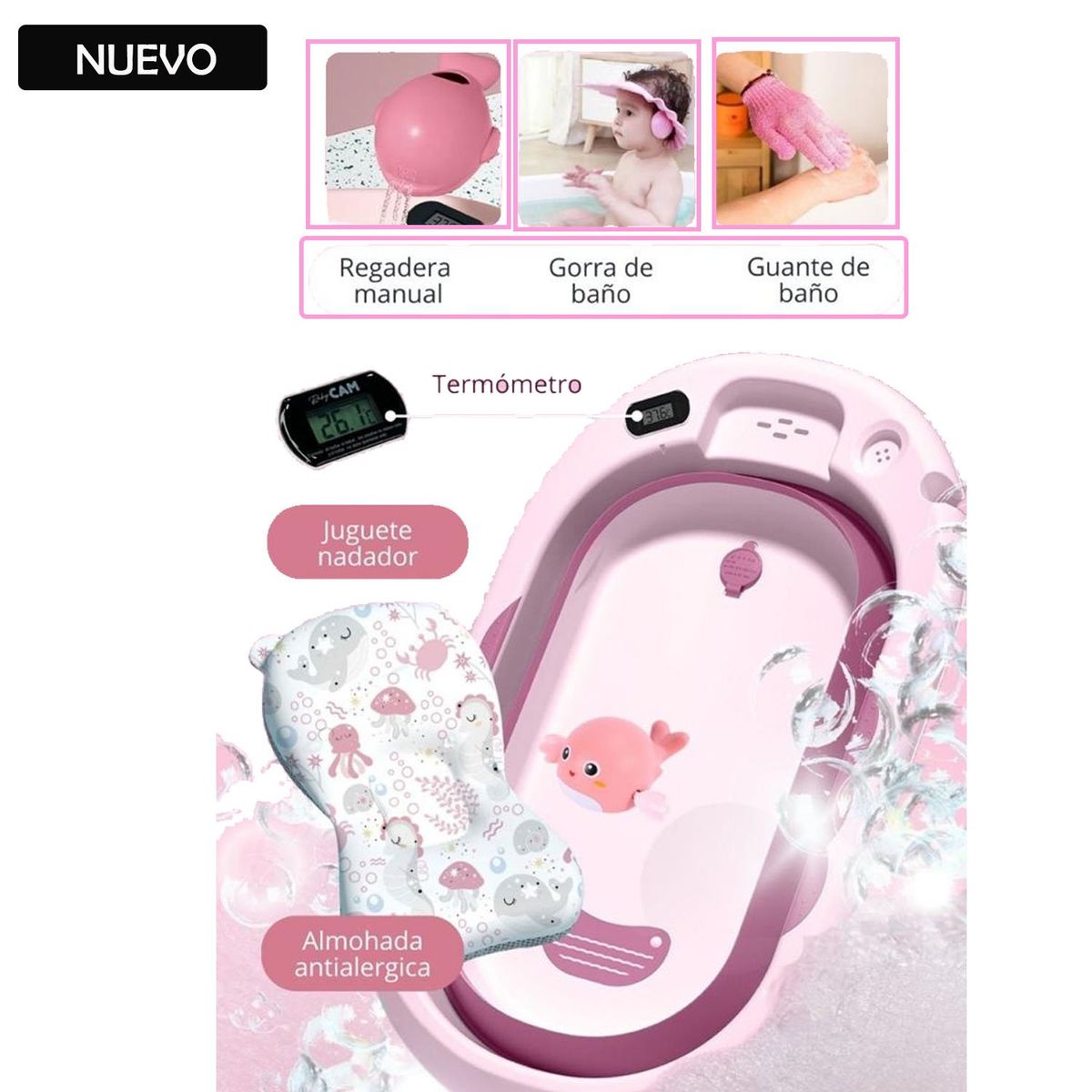 GENERICO - Tina Bañera Plegable Splash Con Termómetro Rosado