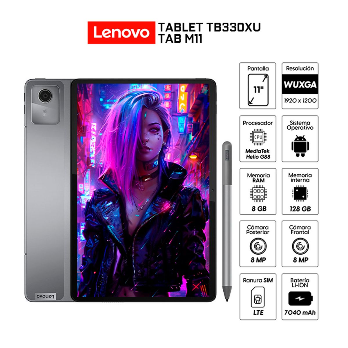 LENOVO - Tablet Lenovo Tab M11 TB330XU - 11” 4G LTE 8Gb-128Gb Lápiz y Funda