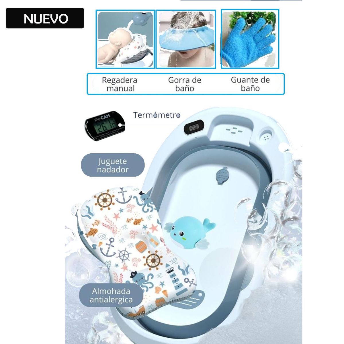 GENERICO - Tina Bañera Plegable Splash Con Termómetro Azul