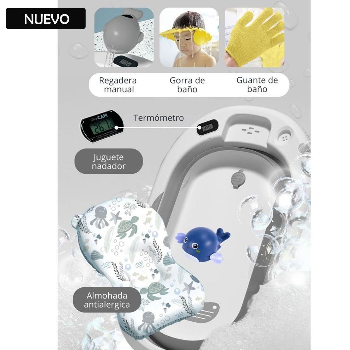 GENERICO - Tina Bañera Plegable Splash Con Termómetro Gris