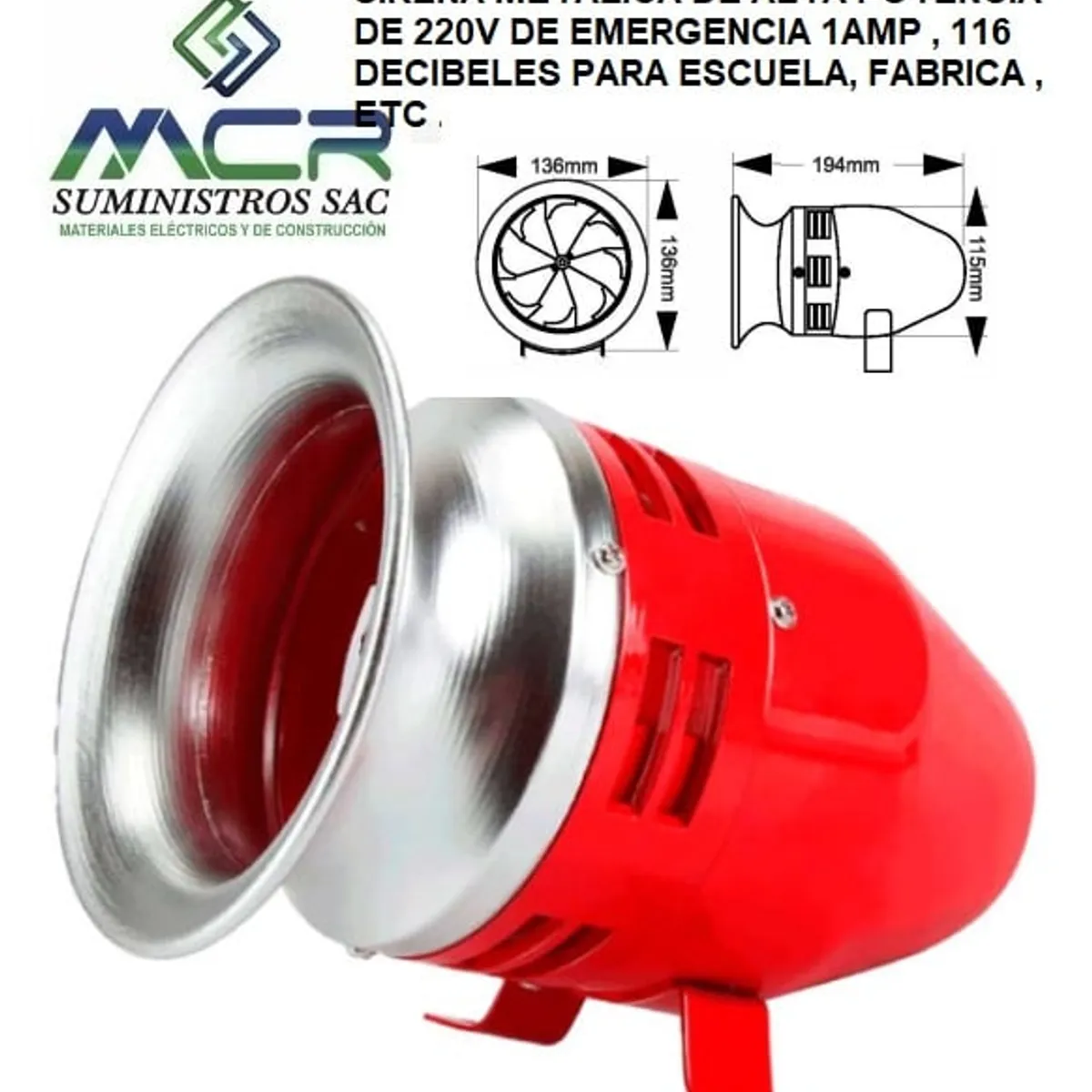 GENERICO - SIRENA METALICA DE ALTA POTENCIA 220V 116 DECIBEL 1A PARA ESCUELA,OFIC