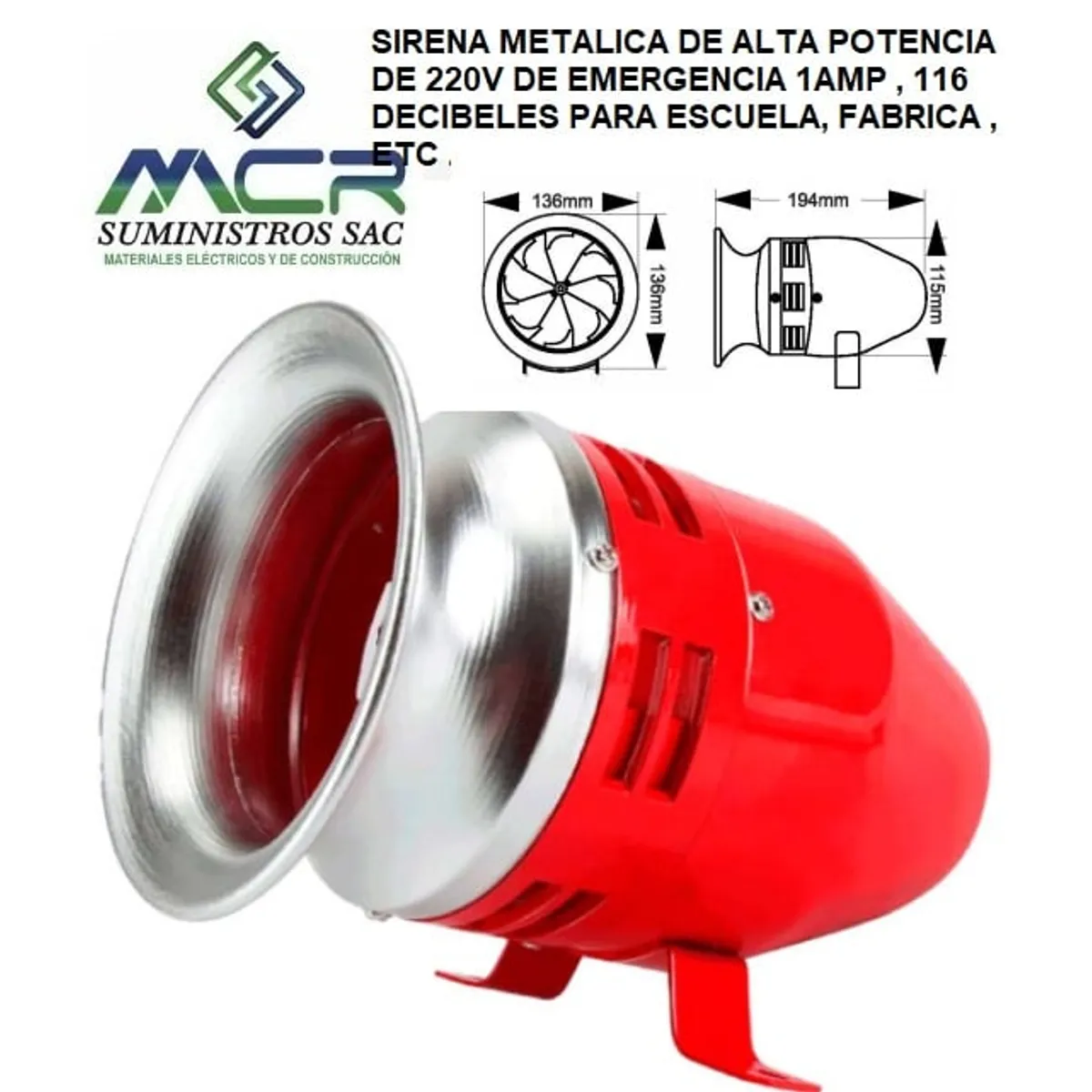 GENERICO - SIRENA METALICA DE ALTA POTENCIA 220V 116 DECIBEL 1A PARA ESCUELA,OFIC
