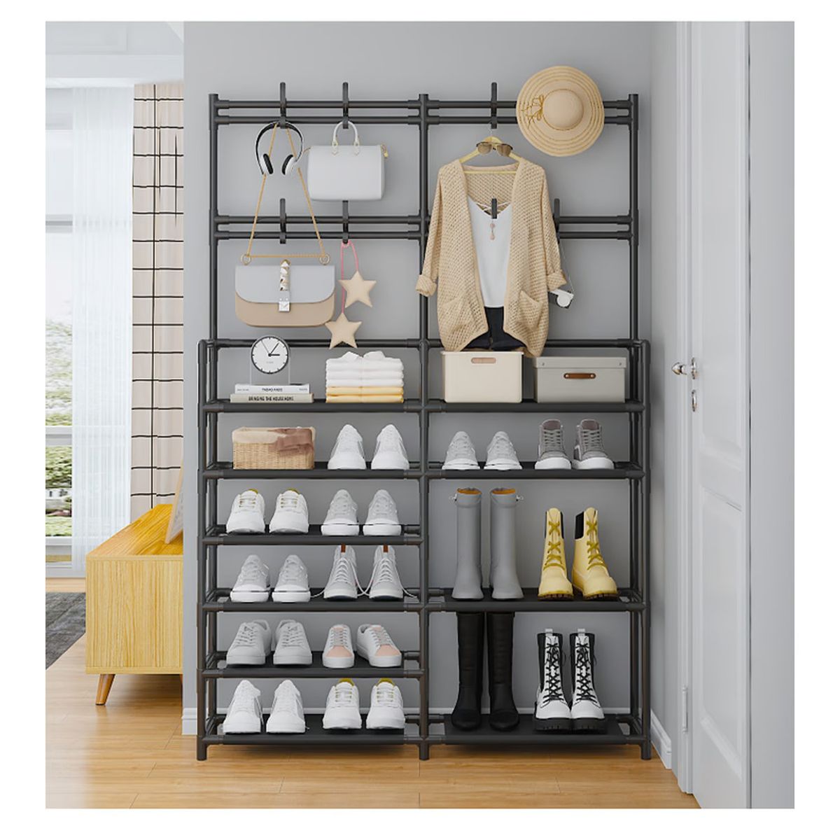 GENERICO - Estante Organizador  Zapatera 6 Niveles 2 Cuerpos + Perchero Negro