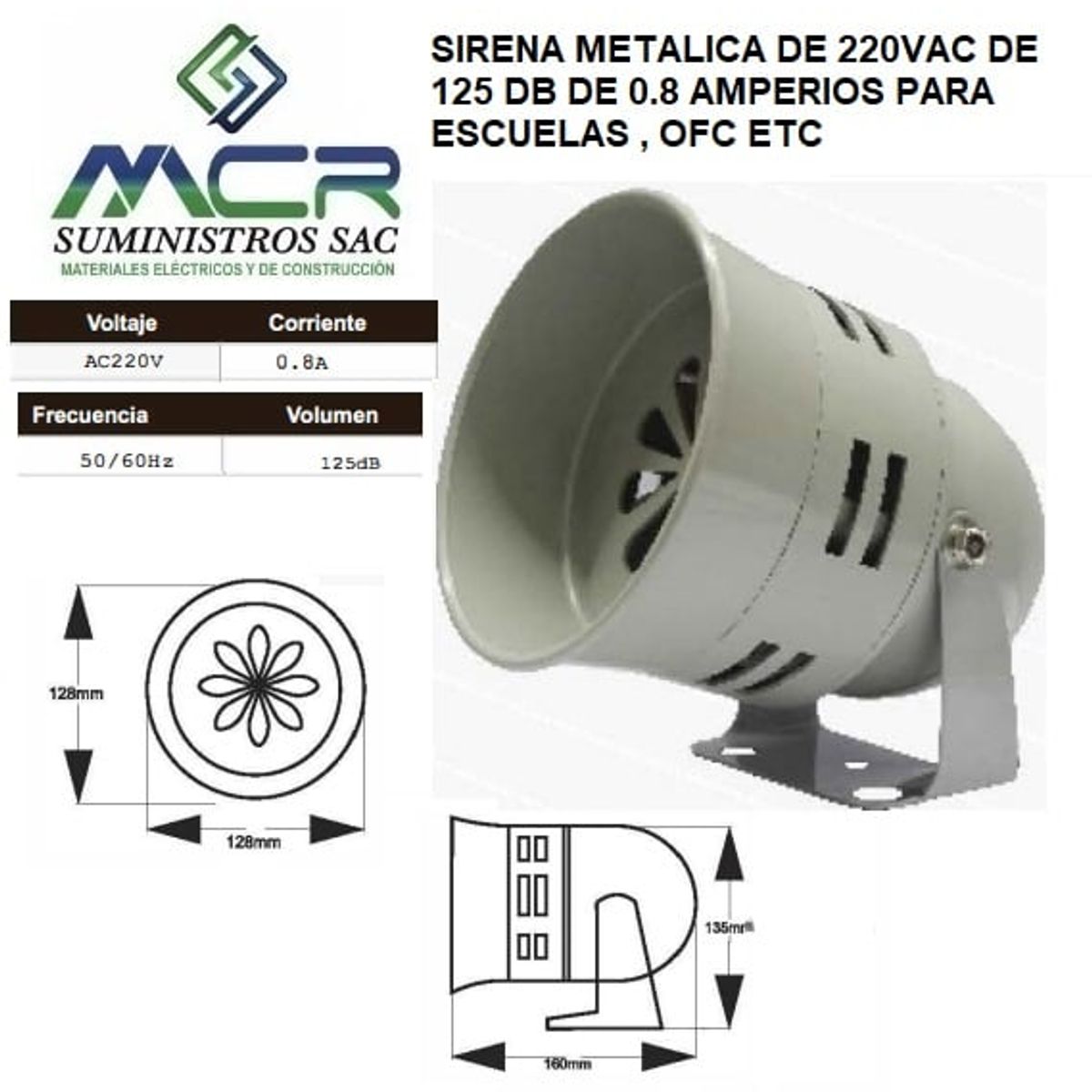 GENERICO - SIRENA METALICA DE 220VAC DE 125 DB 0.8 AMPERIOS PARA ESCUELAS , OFC