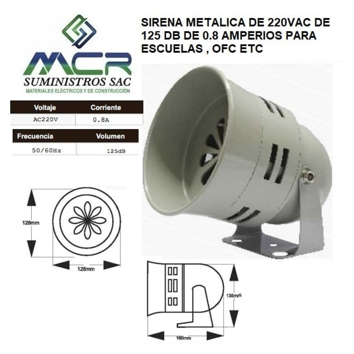 GENERICO - SIRENA METALICA DE 220VAC DE 125 DB 0.8 AMPERIOS PARA ESCUELAS , OFC
