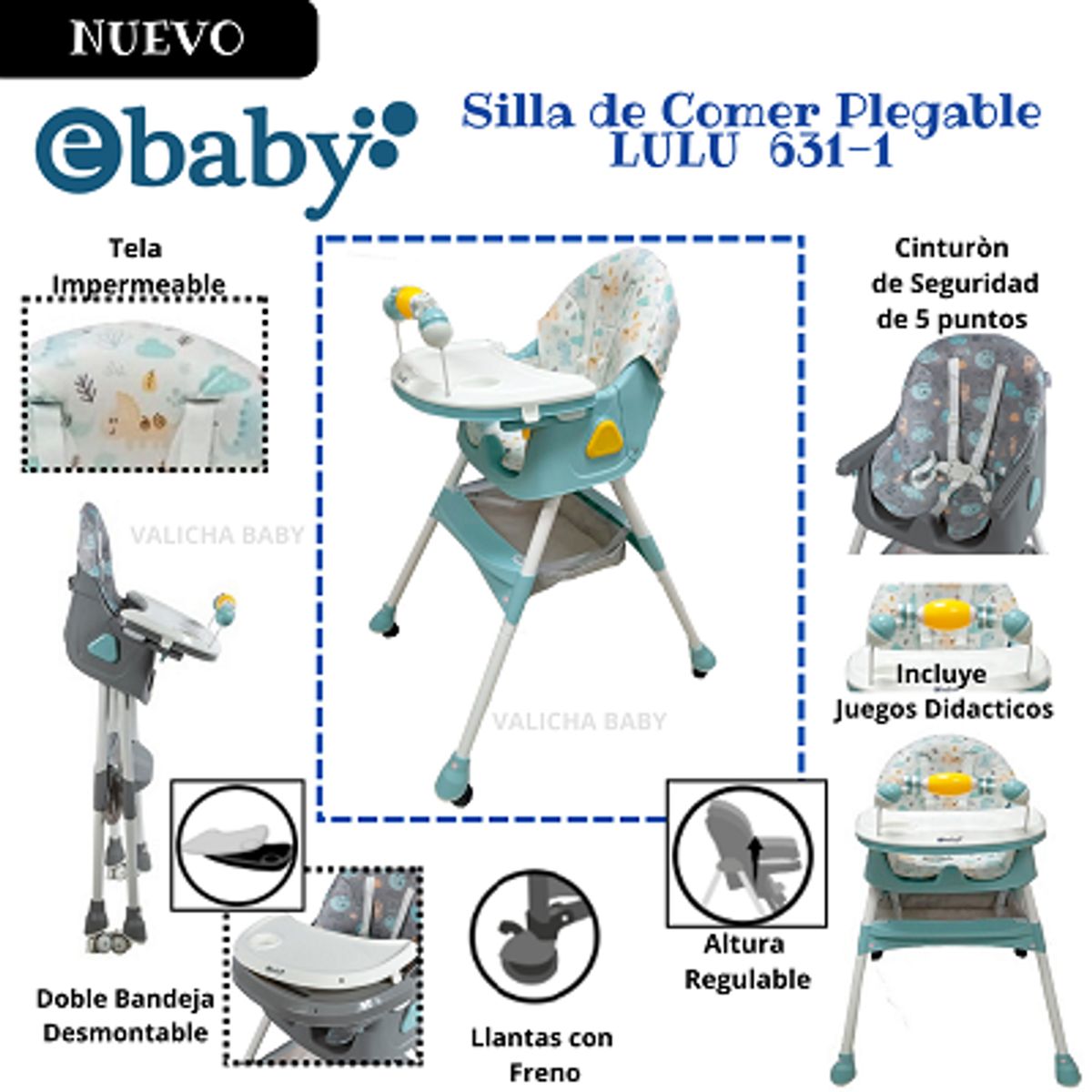 EBABY - SILLA DE COMER PLEGABLE LULU VERDE + OBSEQUIO PLATO PARA NIÑO