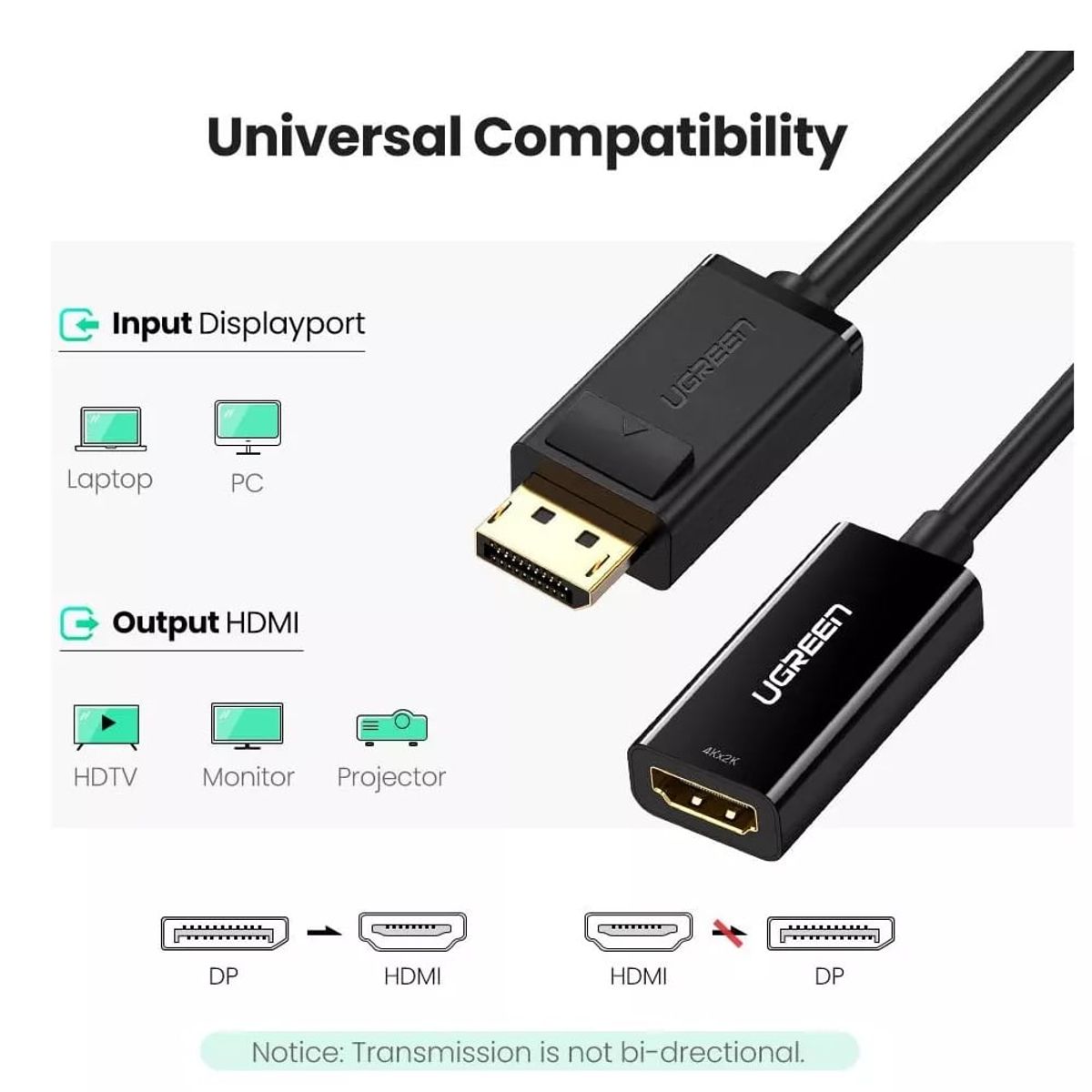 UGREEN - Adaptador Convertidor DisplayPort a HDMI UGREEN 4K ultra HD DP a HDMI