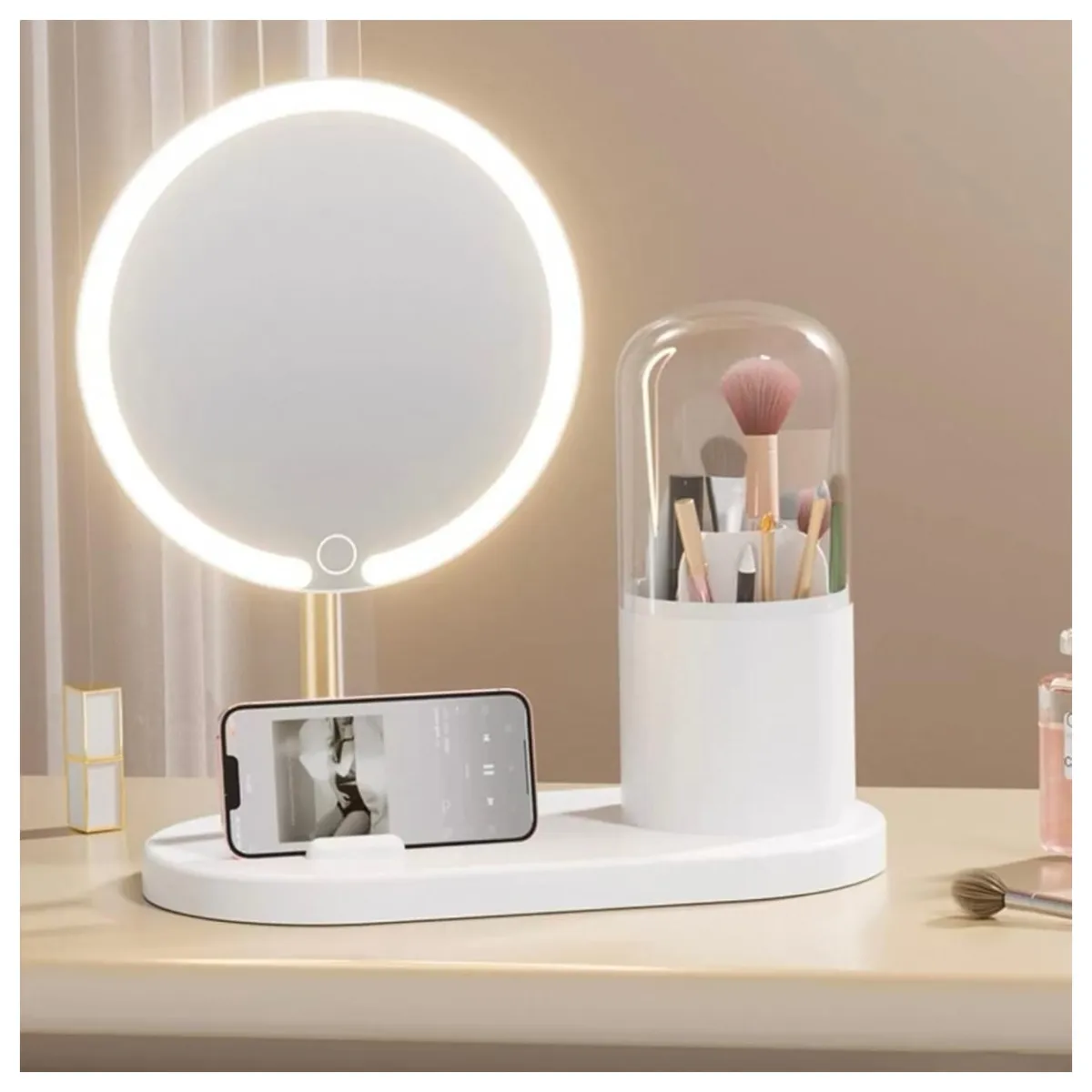 GENERICO - Espejo LED Con organizador giratorio para cosméticos y brochas