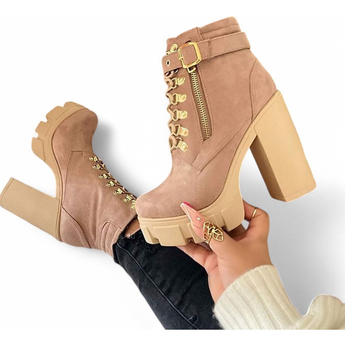 GENERICO - Botin Mujer Gamuza Taco 9 Cm 2086L-70 Color Beige