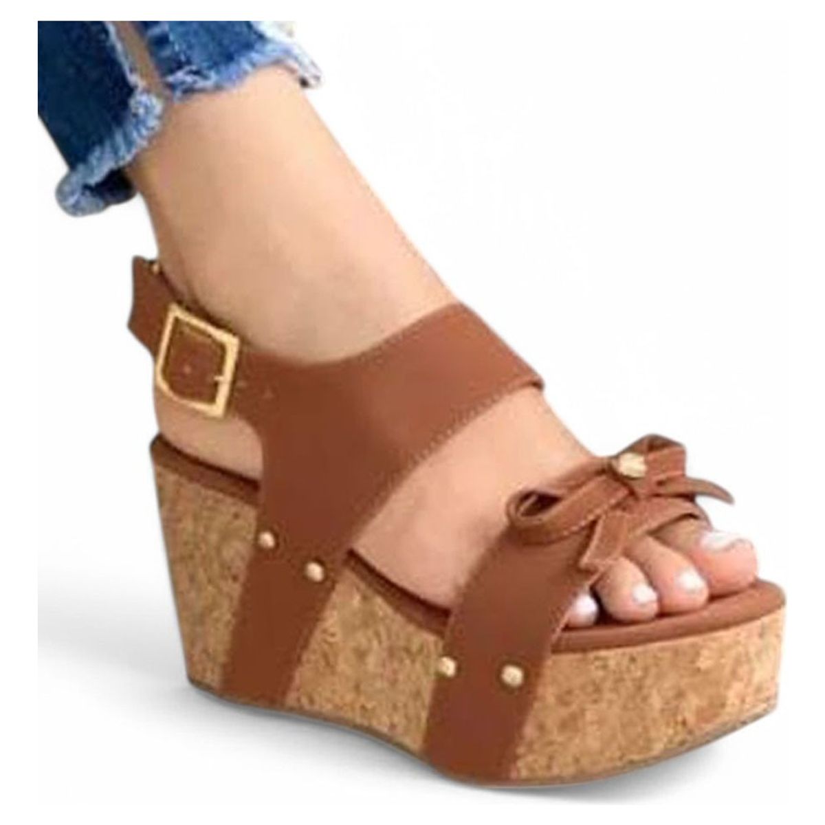 GENERICO - Sandalia Mujer Taco 7 Yute Tachuelas 2086L-55 Color Camel