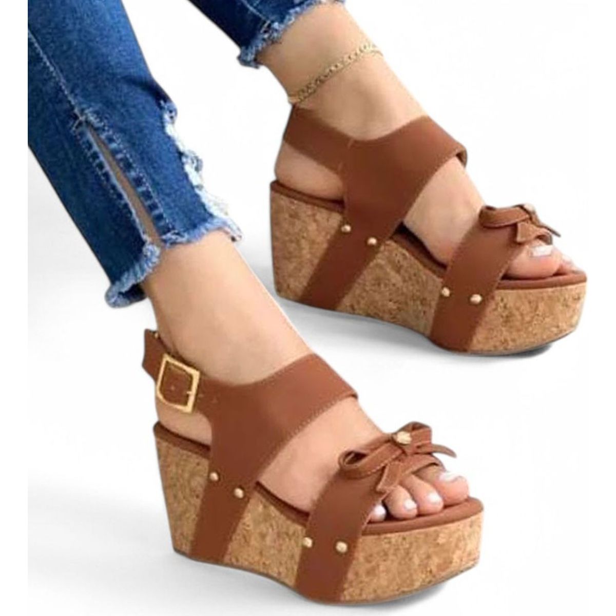 GENERICO - Sandalia Mujer Taco 7 Yute Tachuelas 2086L-55 Color Camel