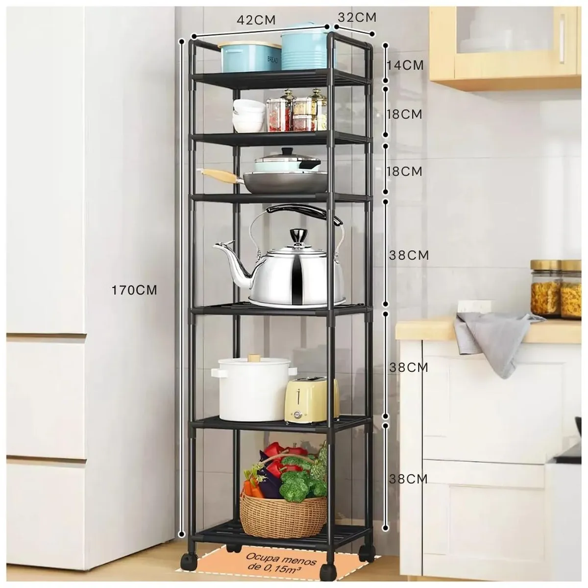 GENERICO - Estante Organizador de Cocina 6 Niveles con Ruedas 170x42x32cm - Negro