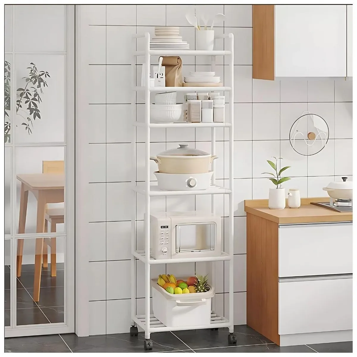 GENERICO - Estante Organizador de Cocina 6 Niveles con Ruedas 170x42x32cm Blanco