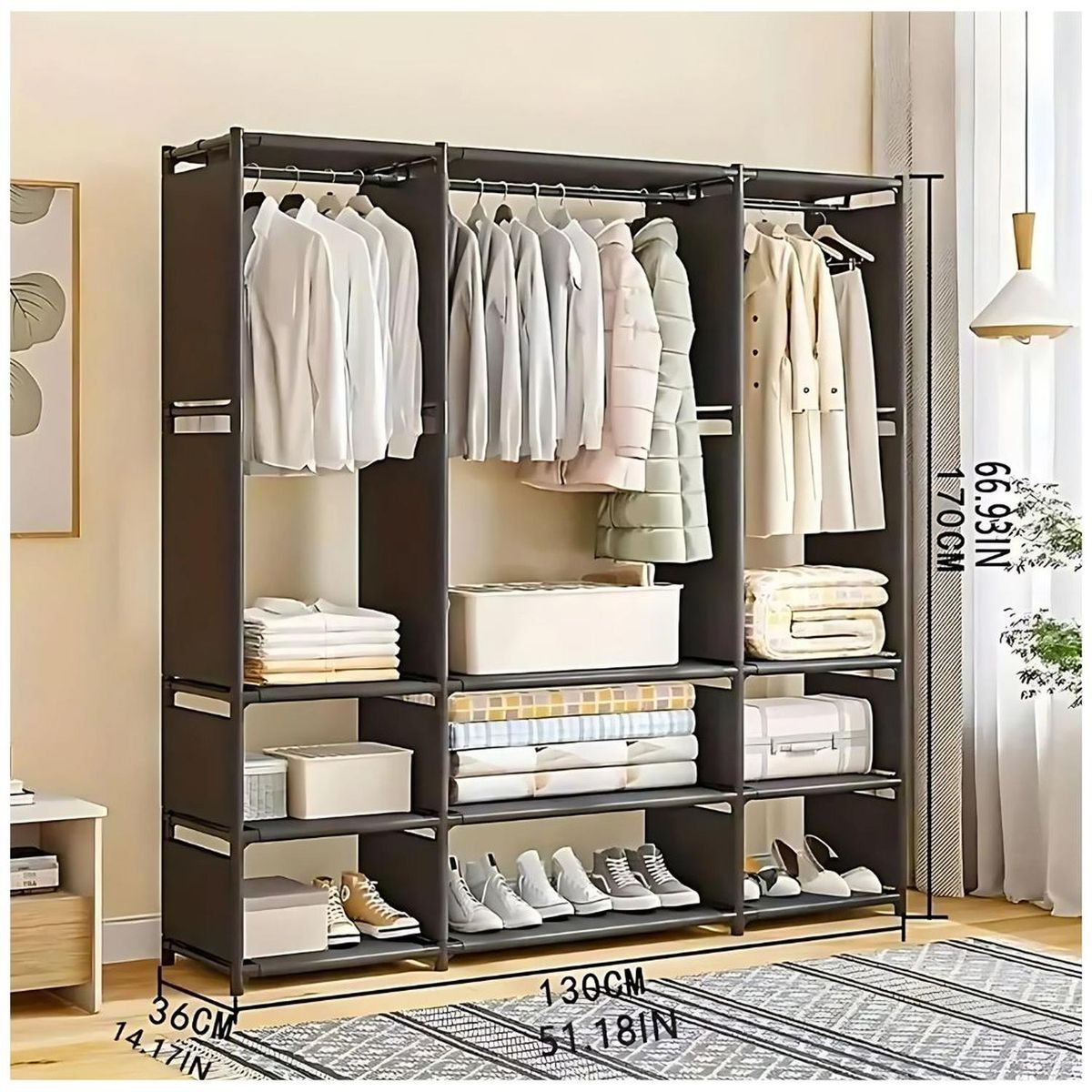 GENERICO - Ropero Colgador Organizador de Ropa 3 Cuerpos 170x130x36 - Negro - M