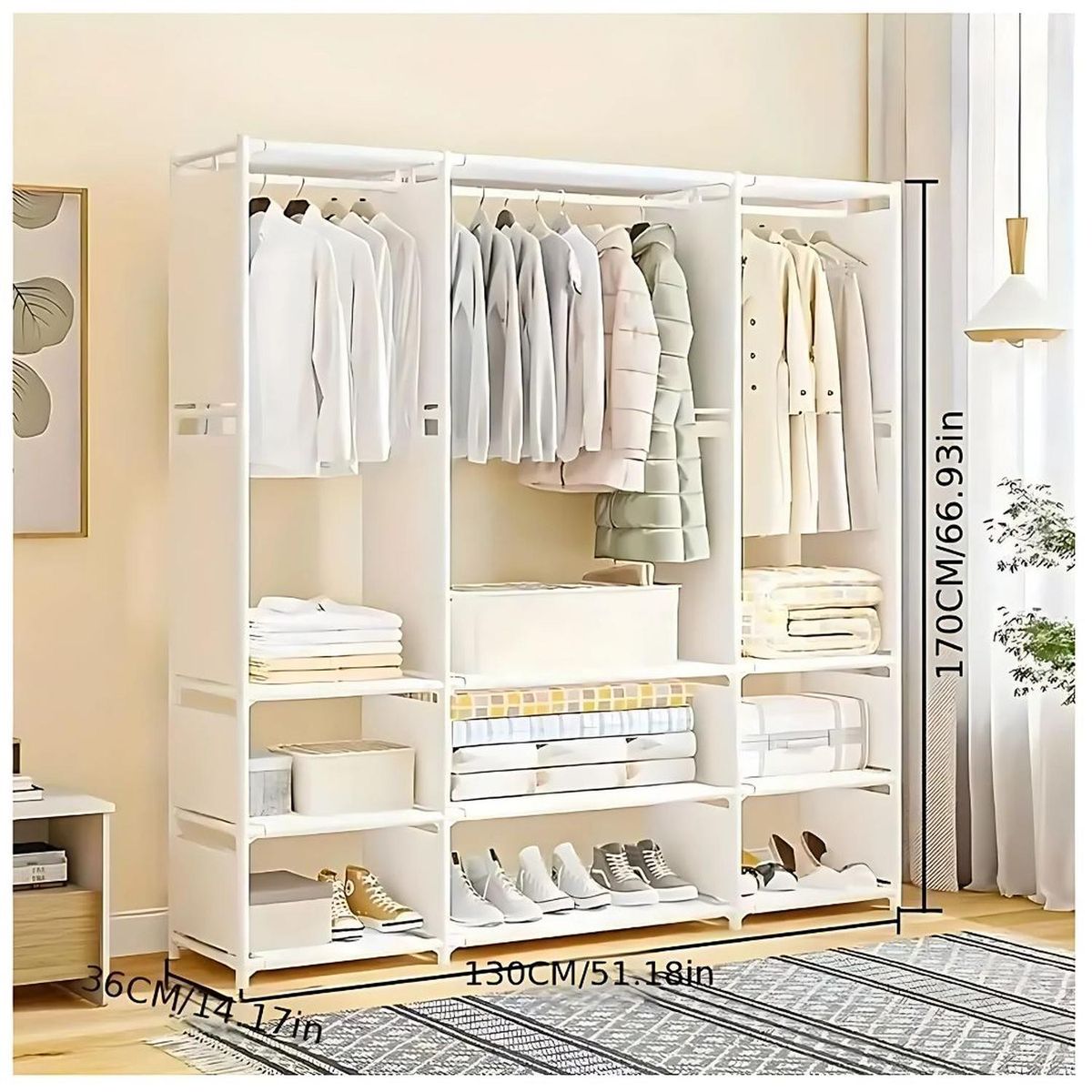 GENERICO - Ropero Colgador Organizador de Ropa 3 Cuerpos 170x130x36 - Blanco - M
