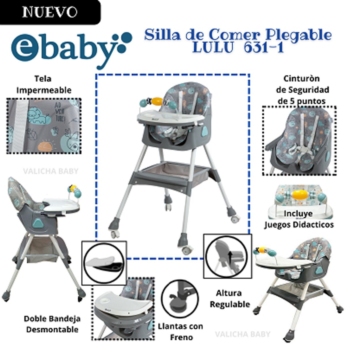 EBABY - SILLA DE COMER PLEGABLE LULU GRISN + OBSEQUIO PLATO PARA NIÑO