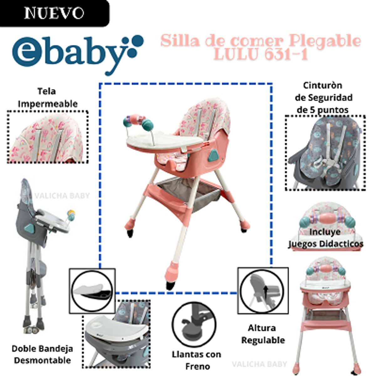 EBABY - SILLA DE COMER PLEGABLE LULU ROSADO + OBSEQUIO PLATO PARA NIÑO