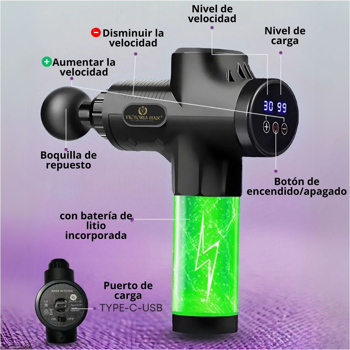 VICTORIA - Pistola de Masajes Musculares Profesional para Tejido Profundo