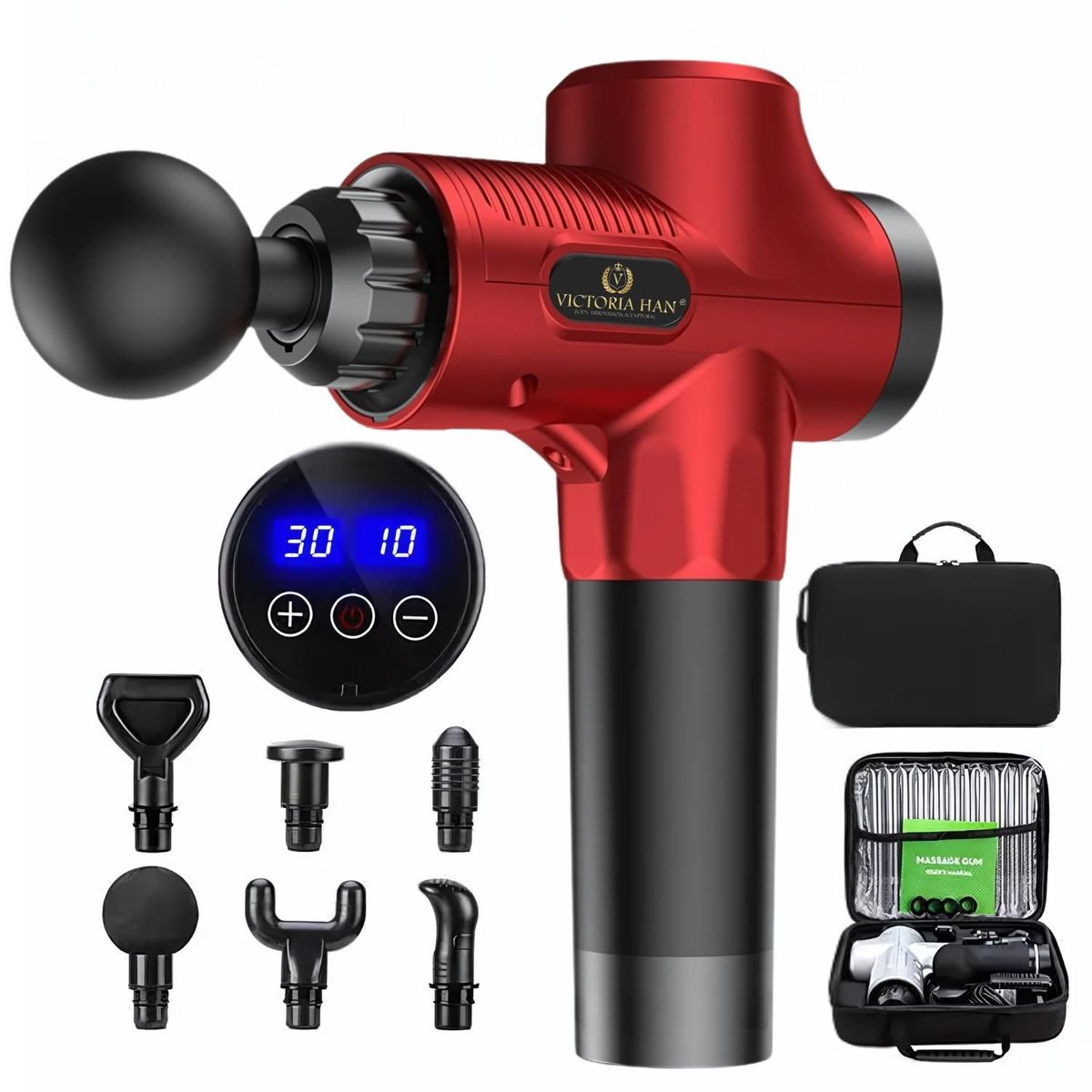 VICTORIA - Pistola de Masaje Muscular 30 Velocidades y 6 Cabezales Intercambiable