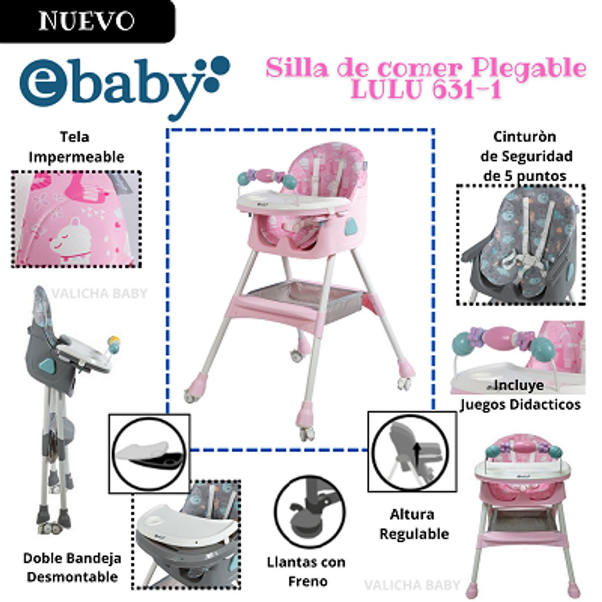 EBABY - SILLA DE COMER PLEGABLE LULU FUCSIA + OBSEQUIO PLATO PARA NIÑO