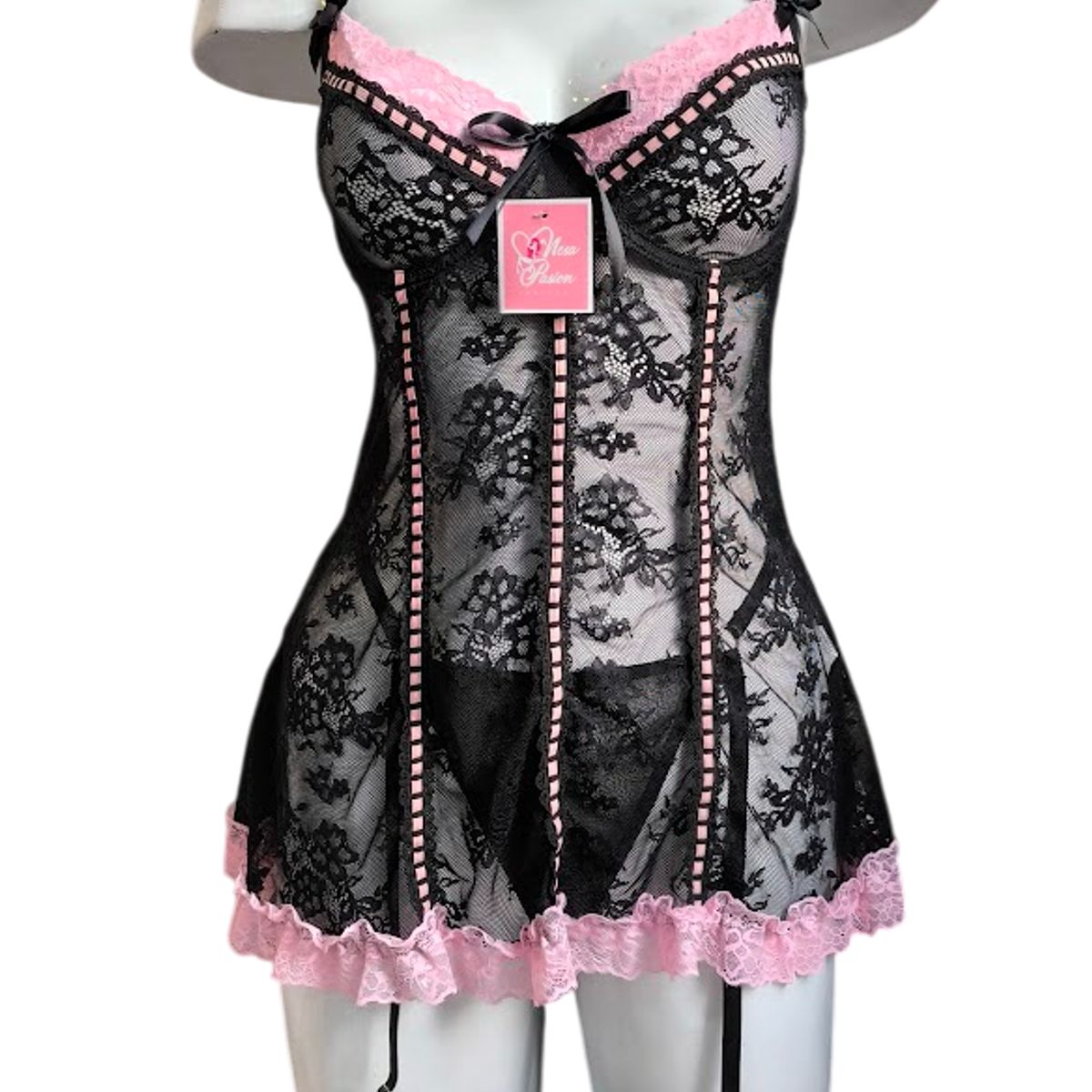 GENERICO - LENCERIA BABYDOLL DE ENCAJE PIJAMA SEXY CON MEDIAS