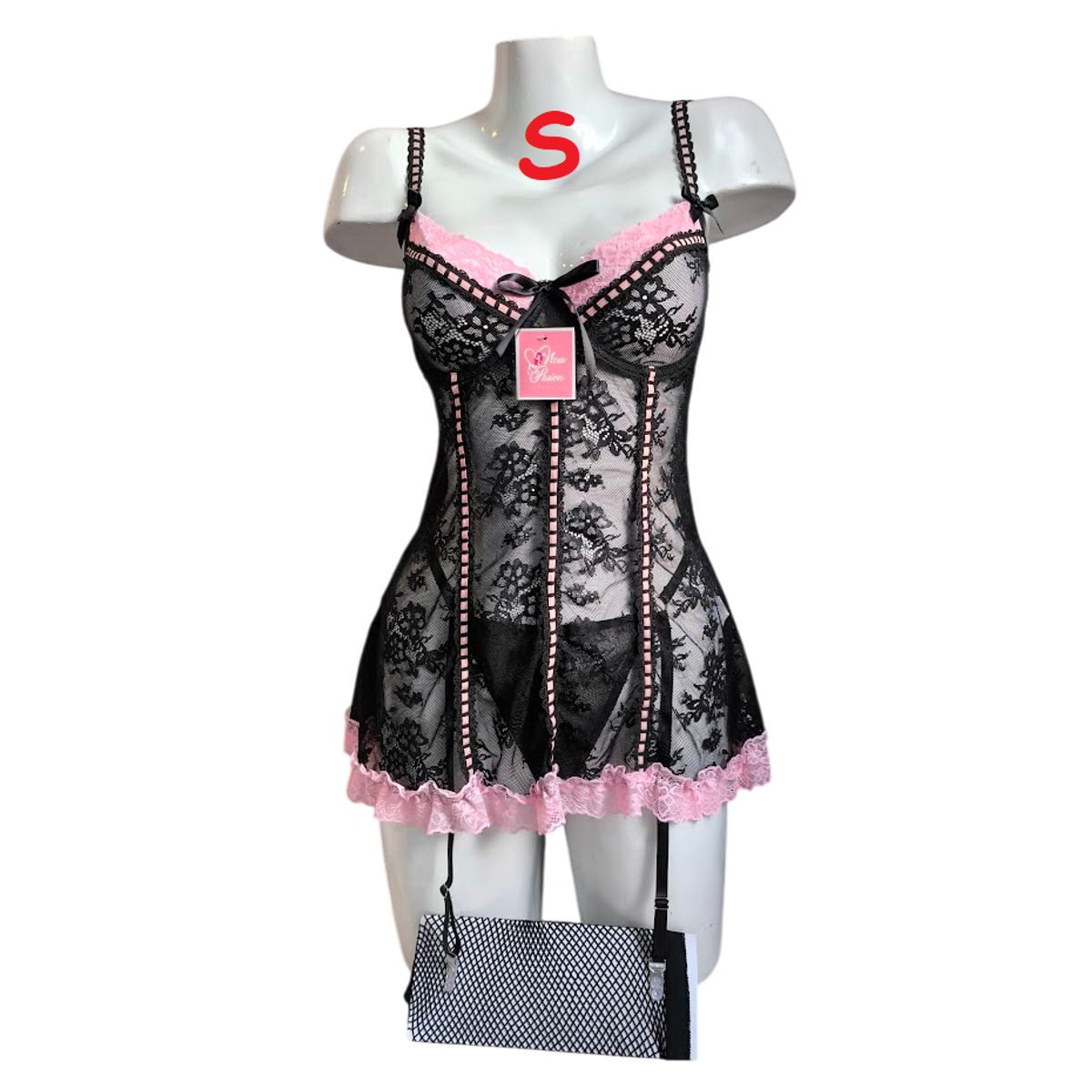 GENERICO - LENCERIA BABYDOLL DE ENCAJE PIJAMA SEXY CON MEDIAS