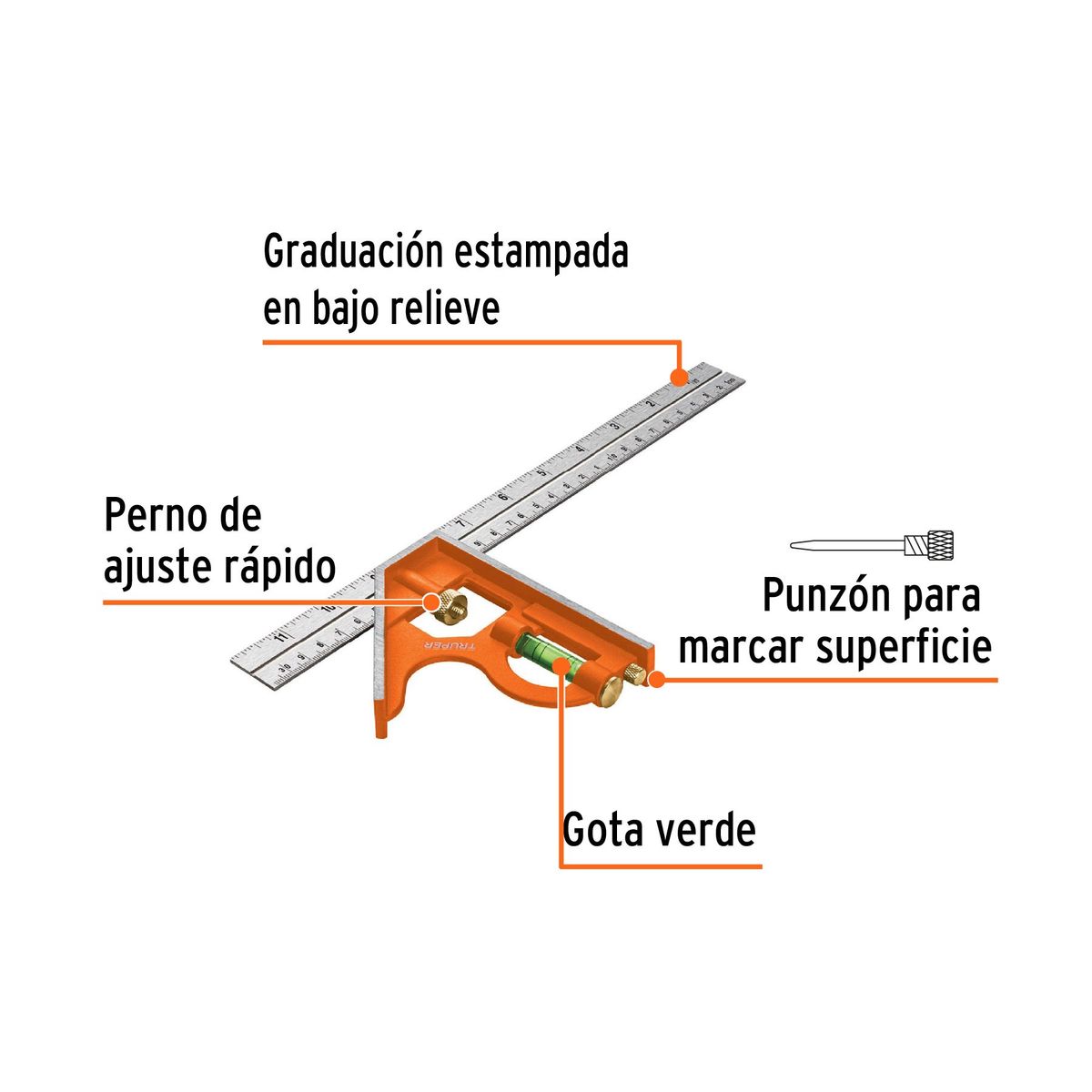 TRUPER - Escuadra de Combinación 12″ Con Punzon para Marcar