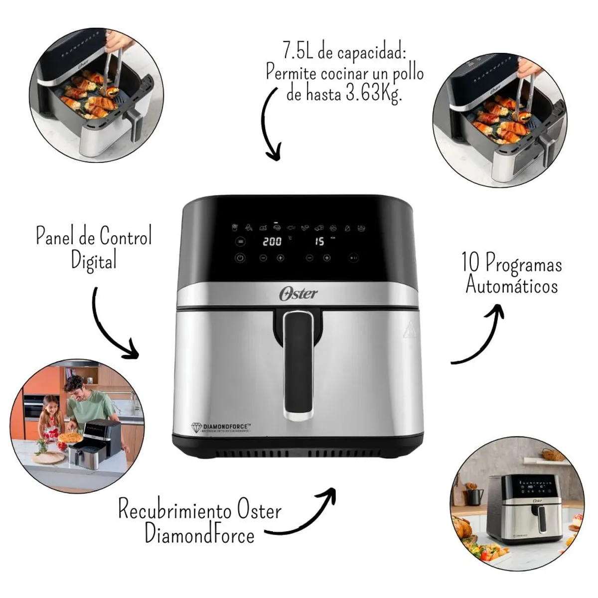 OSTER - Freidora de Aire de 7.5 Lt. Digital Oster 10 programas - CKSTAF75DSSDF