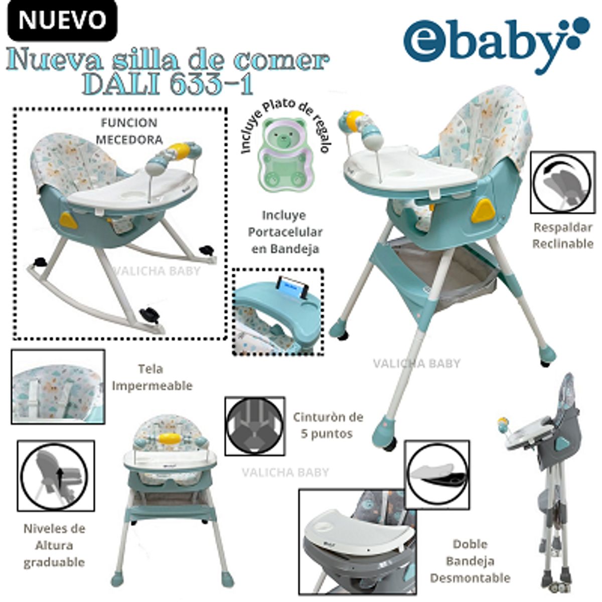 EBABY - SILLA DE COMER MECEDORA + PLATITO - VERDE- DALI NUEVO MODELO