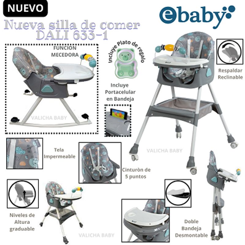 EBABY - SILLA DE COMER MECEDORA+PLATITO - GRIS - DALI NUEVO MODELO