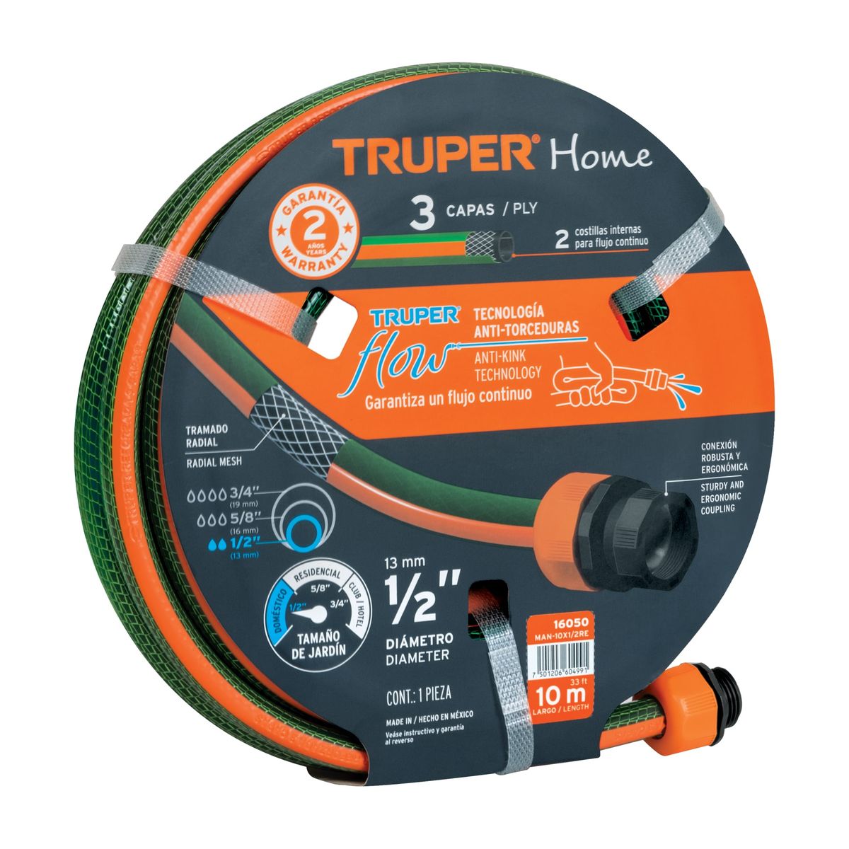 Truper - Manguera 1/2" Reforzada 3 Capas 10M Conexiones Plásticas