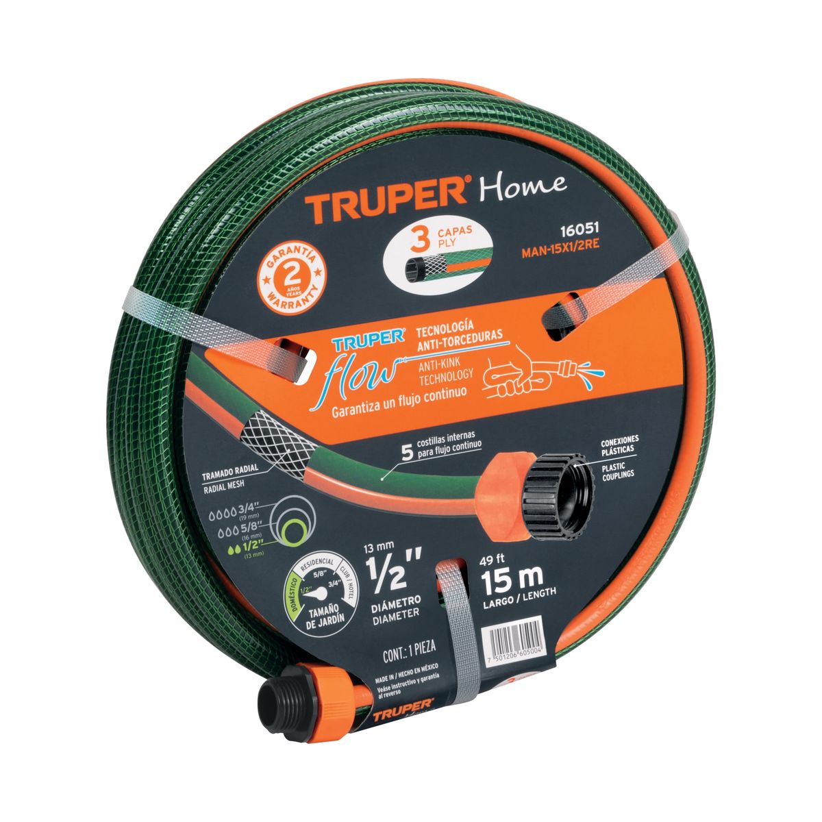 Truper - Manguera 1/2" Reforzada 3 Capas 15M Conexiones Plásticas