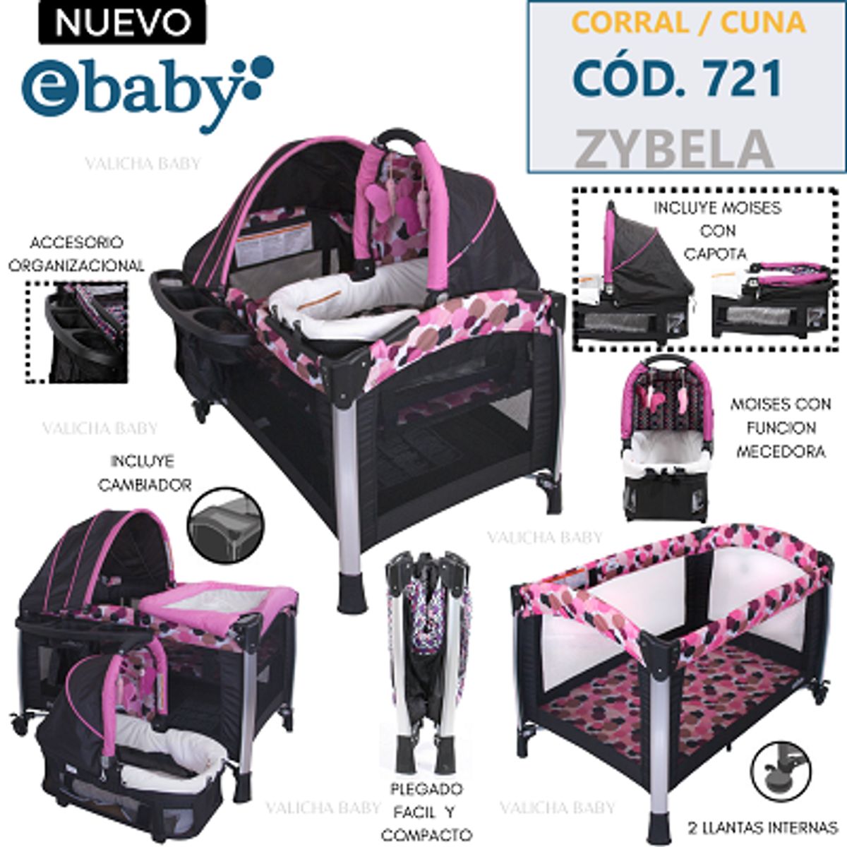 EBABY - CUNA,CORRAL , MOISES Y MECEDORA 4 EN 1 - ZYBELA - ROSADO