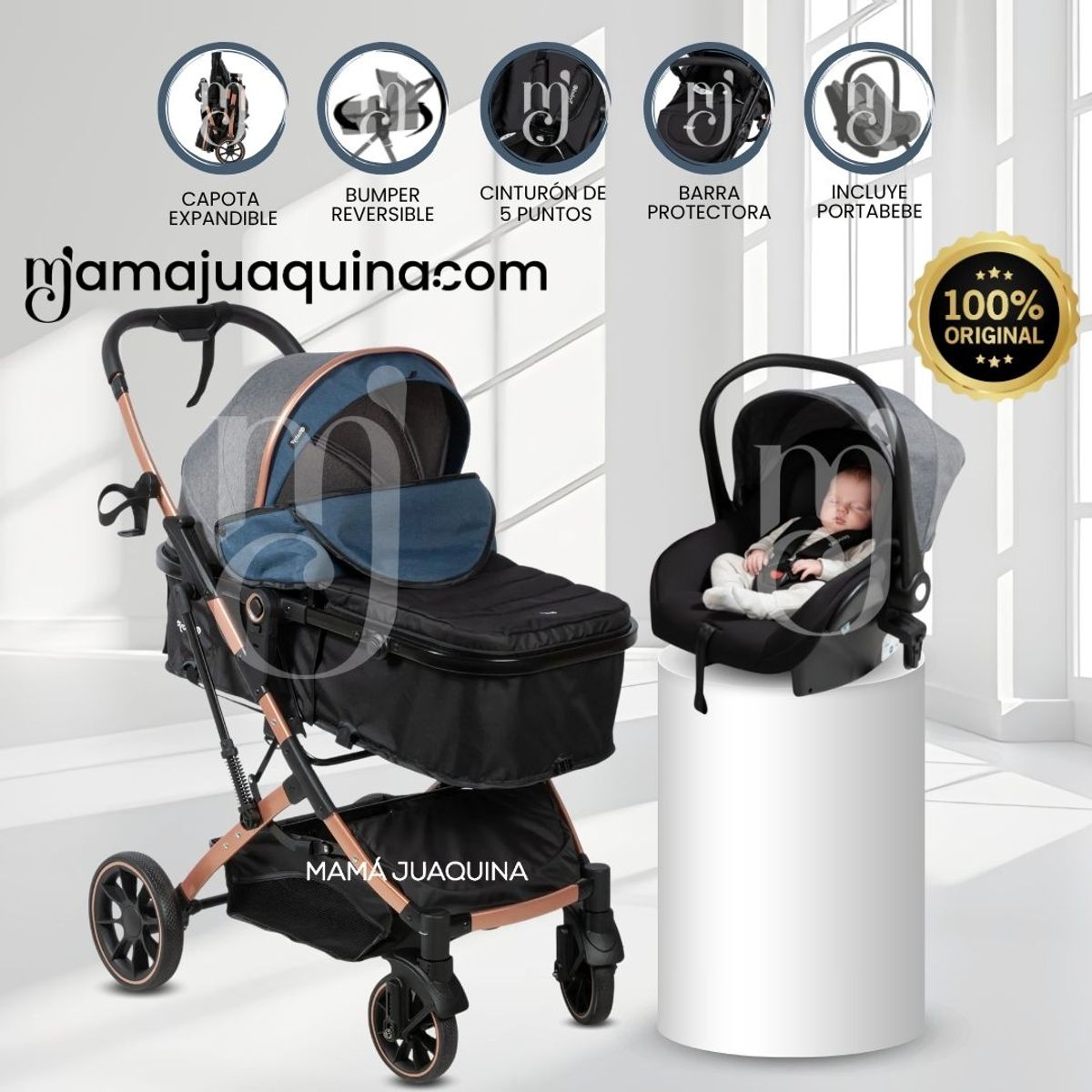 Baby - Coche Moisés Travel System «CLINT PRIME» con Porta bebé Blue