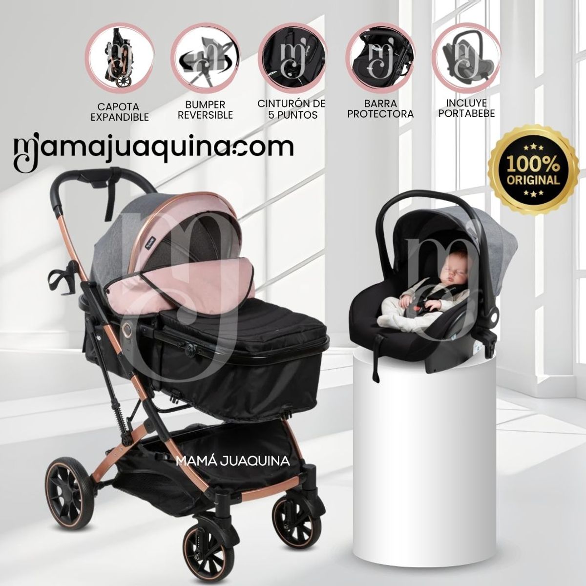 BABY - Coche Moisés Travel System «CLINT PRIME» con Porta bebé Pink