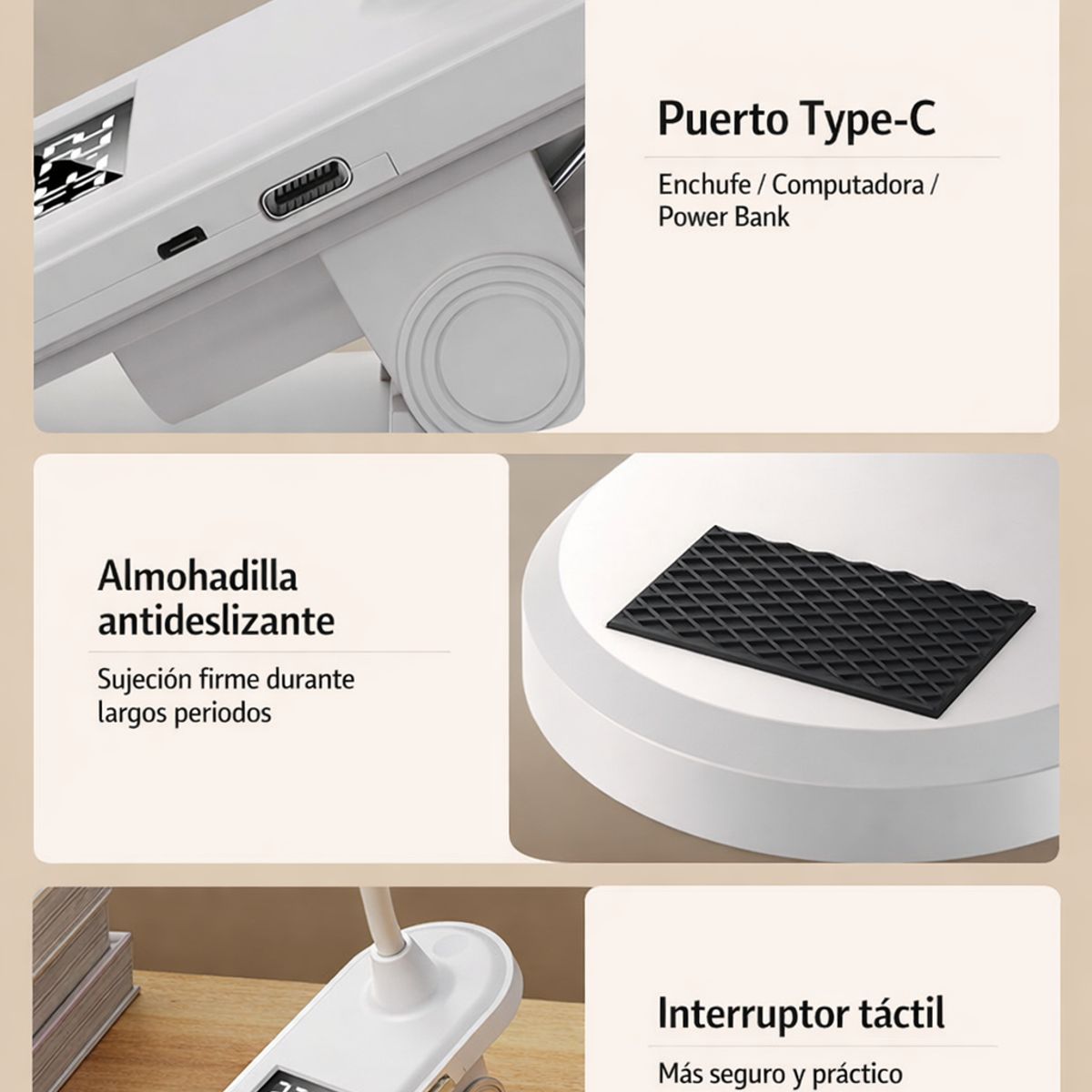 GENERICO - Lampara Inalámbrica circular Con Clip 3 Tonos De Luz+ reloj