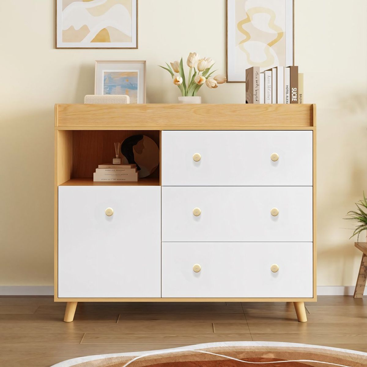 GENERICO - Cómoda Cambiador Para Bebé Siena 4 Cajones Blanco y Duna 100 cm Huk