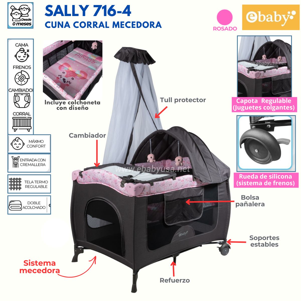 EBABY - Cuna corral mecedora Sally 716-4 Rosado