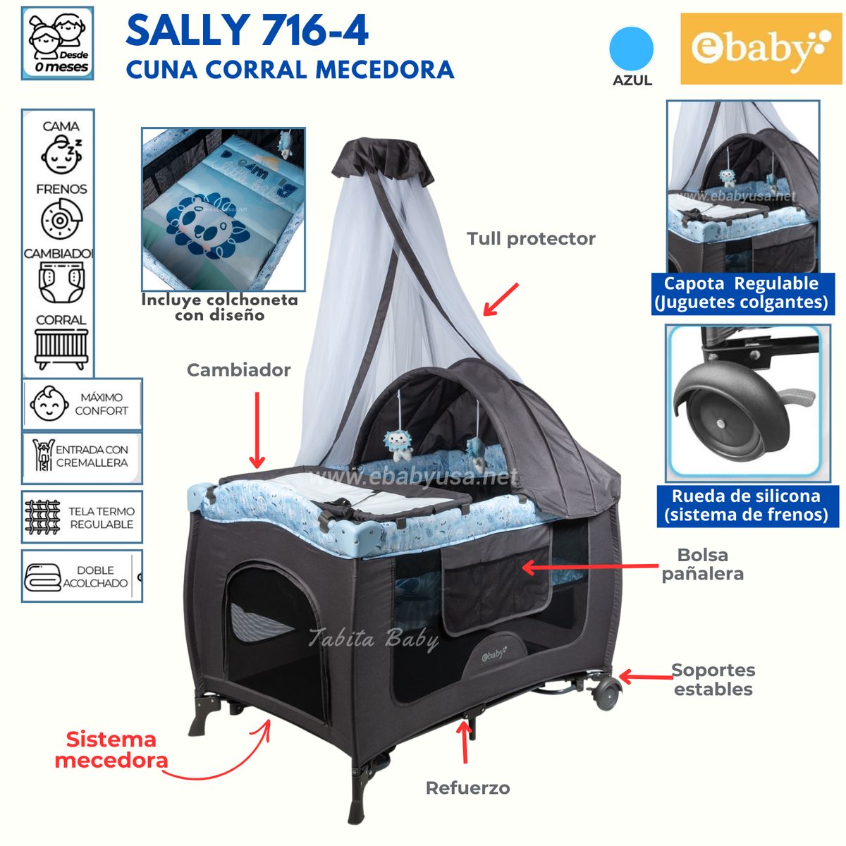 EBABY - Cuna corral mecedora Sally 716-4 Azul