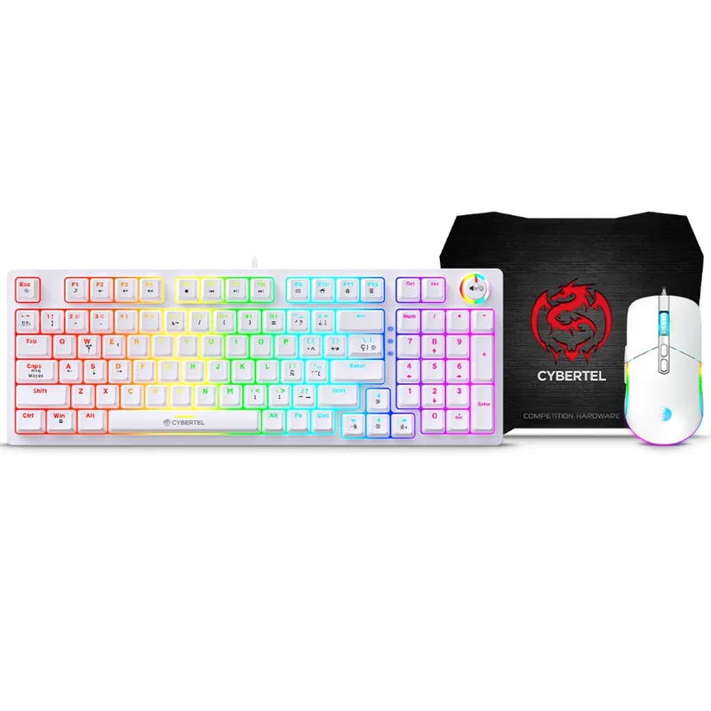 CYBERTEL - Kit Gamer STRIKER WHITE CBX GT1802W Teclado Gamer RGB CYBERTEL