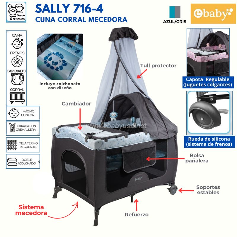 EBABY - Cuna Corral Mecedora y Cambiador Sally 716-4 AzulGris