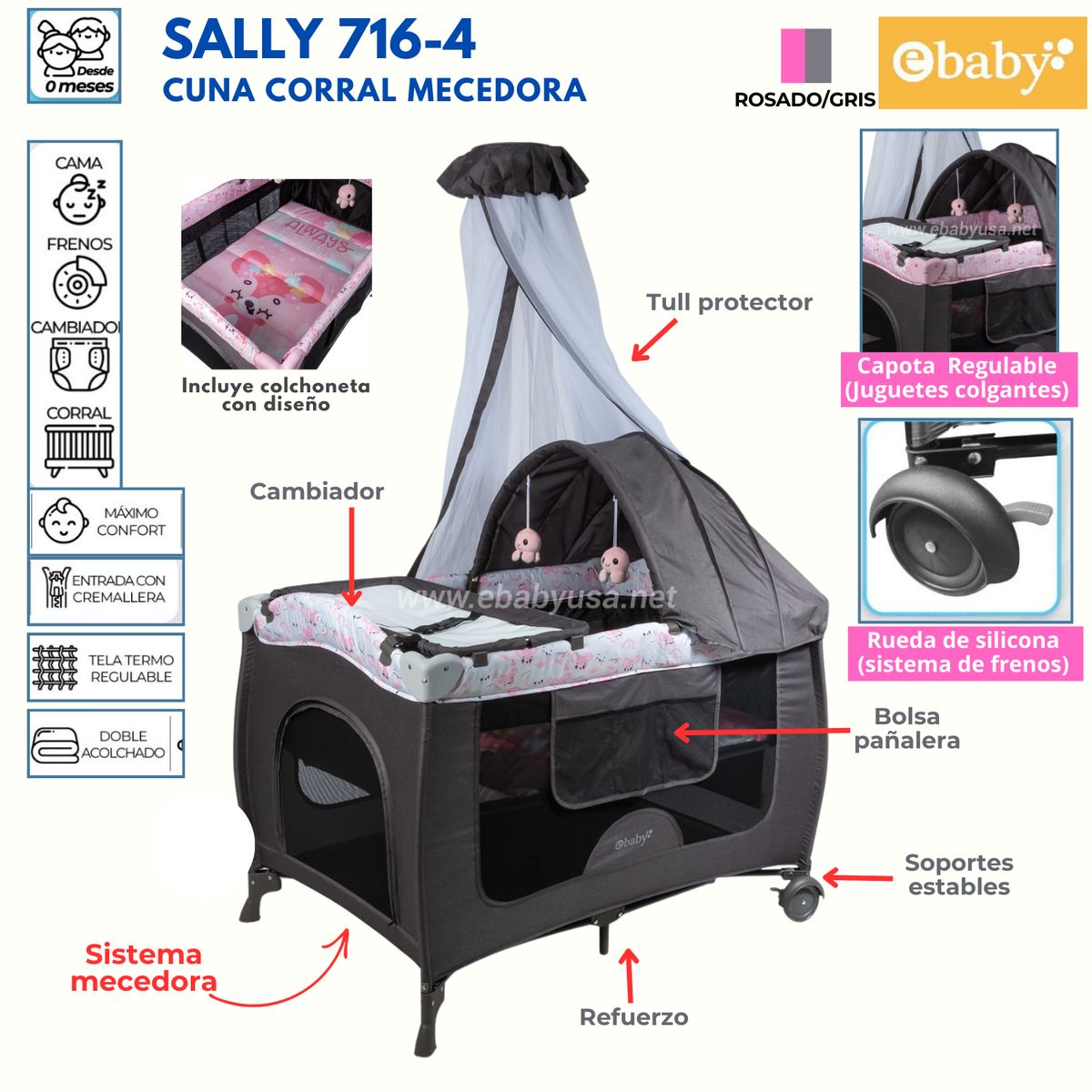 EBABY - Cuna Corral Mecedora y Cambiador Sally 716-4 RosadoGris