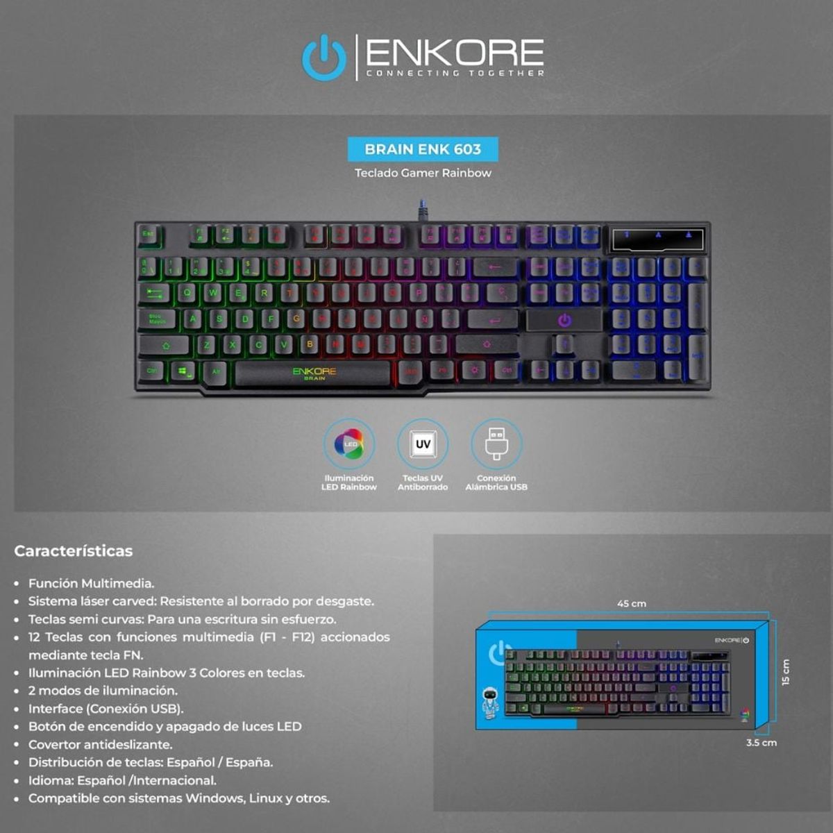 ENKORE - Teclado Gamer Semi Mecánico Brain Enkore Led Rainbow