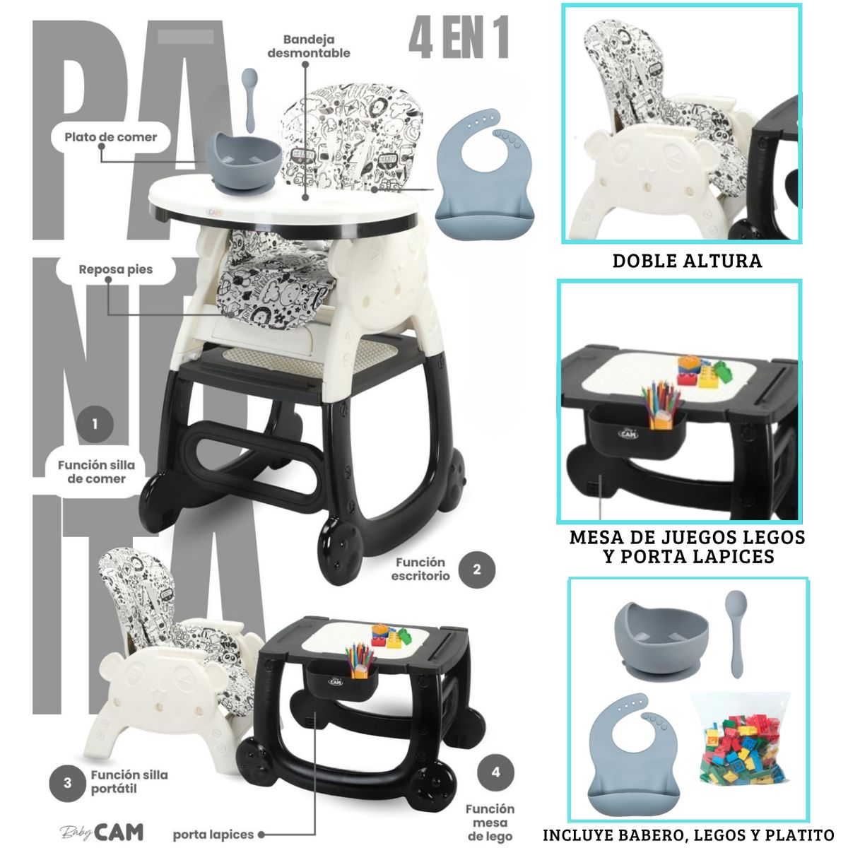 CAM - Silla de comer Carpeta Panda 4 en 1 Negro