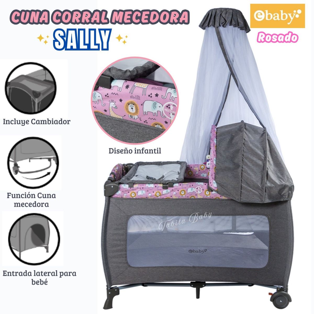 EBABY - Cuna Corral Mecedora con tull Sally 716-3 Rosado