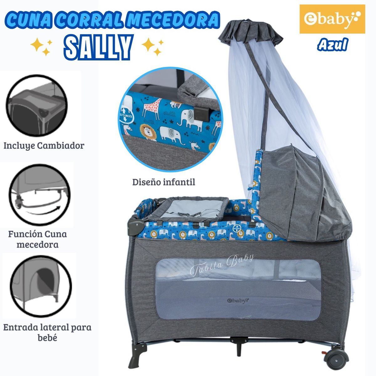 EBABY - Cuna Corral Mecedora con tull Sally 716-3 Azul