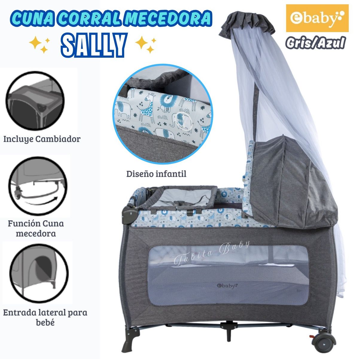 EBABY - Cuna Corral Mecedora con tull Sally 716-3 Azul con Gris