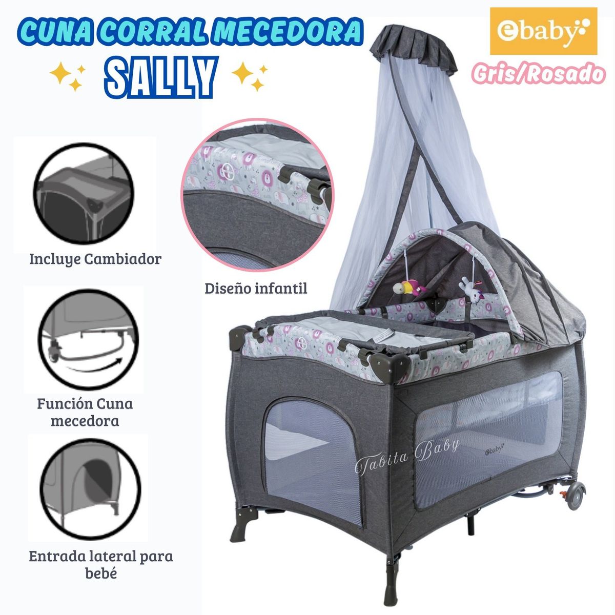 EBABY - Cuna Corral Mecedora con tull Sally 716-3 Rosado con Gris
