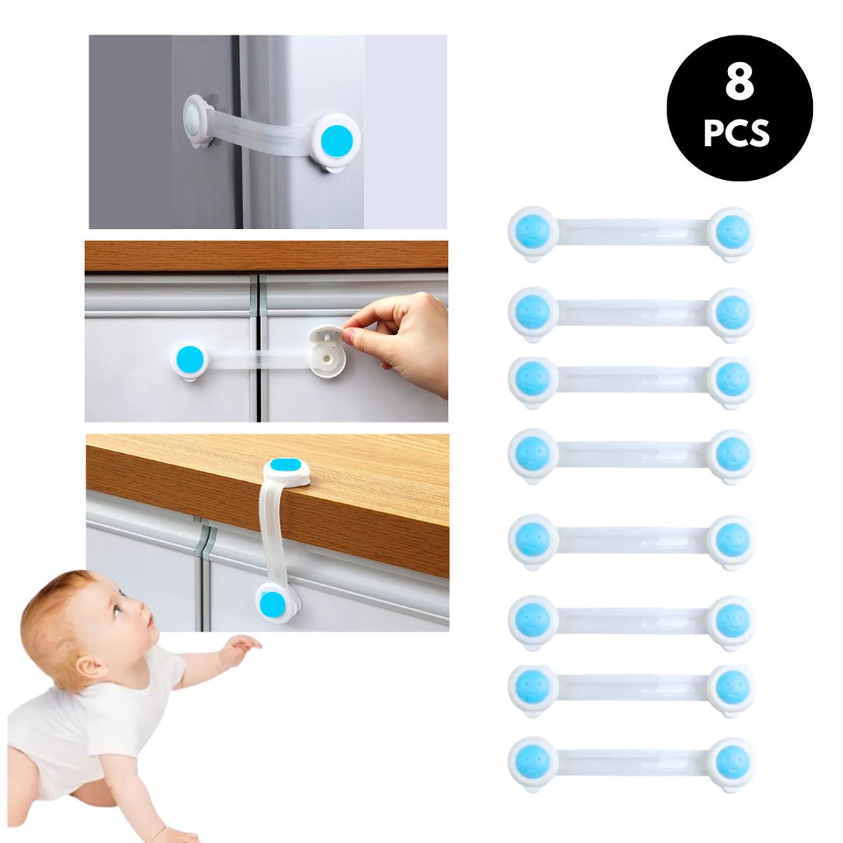 GENERICO - Seguro para cajones Seguridad para Bebes Celeste 8 pcs
