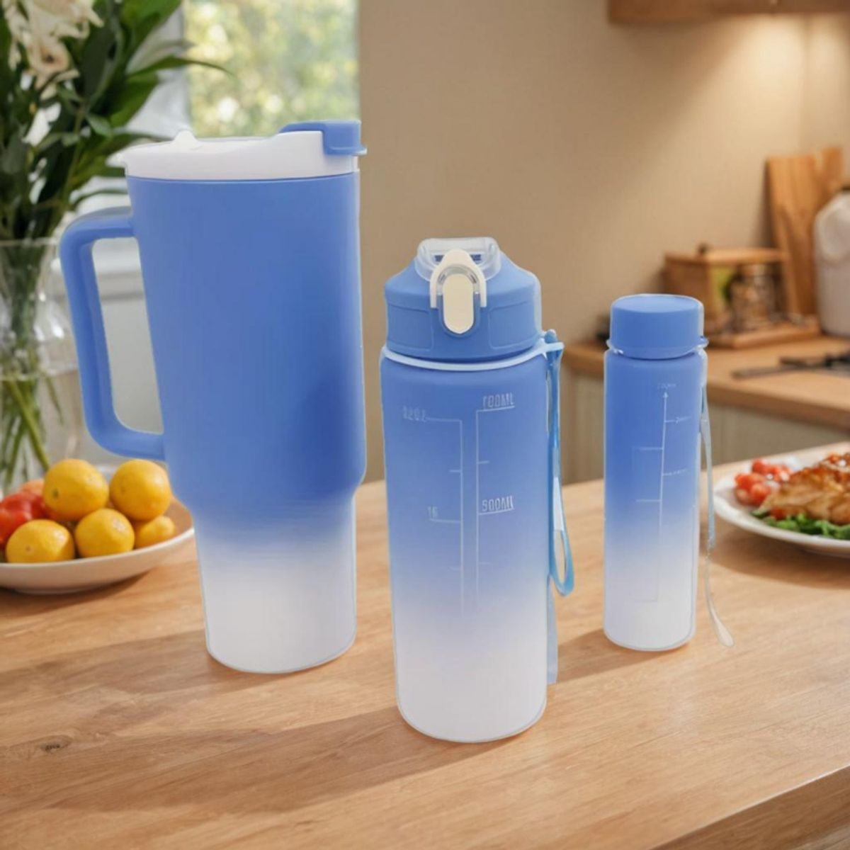 GENERICO - SET TRIO BOTELLAS TAZA TOMATODO PLÁSTICO 1300ML 800ML 300ML